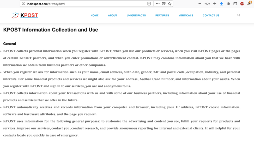 KPost Privacy Policy Screenshot